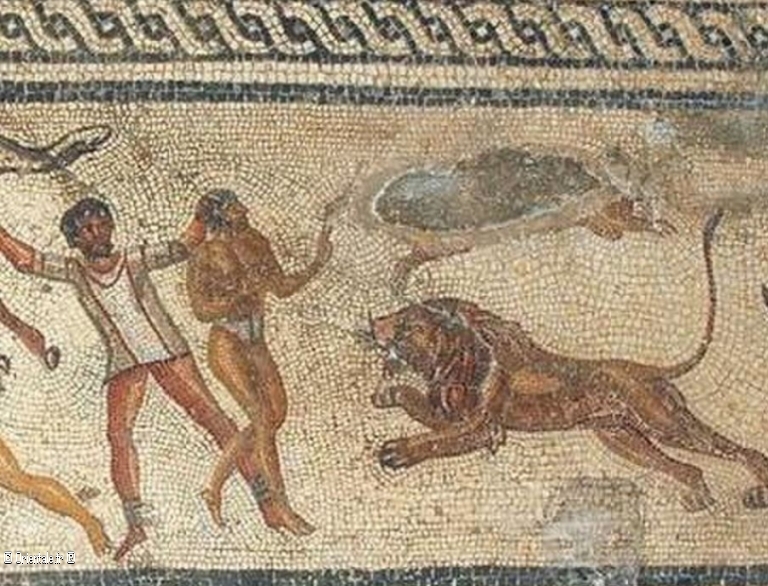 Mosaque de gladiateurs reprsentant l'excution de prisonniers garamantiens par les Romains