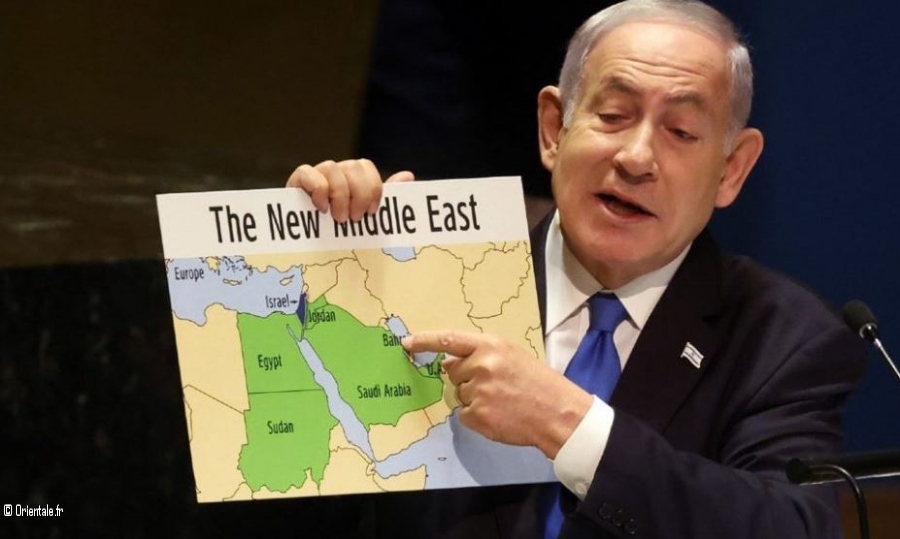 En 2018, Netanyahou prsente une carte des territoires arabes qu'il veut voler (immonde projet du Grand Isral)